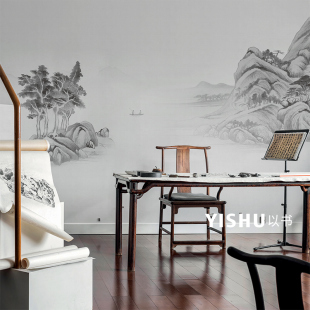 新中式 山水画壁纸客厅背景墙纸墙布意境包间房茶室定制壁画壁布