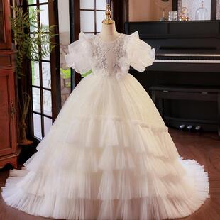 女童礼服拖尾白色花童公主裙走秀小主持人重工儿童钢琴演出服婚纱