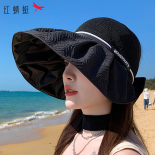 2024春夏新款 女士遮阳帽防晒大脸帽沙滩帽黑胶防紫外线拼接空顶帽