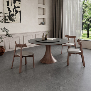 2023圆桌意式 家用实木岩板餐桌转盘圆形 灰色轻奢带侘寂风现代新款