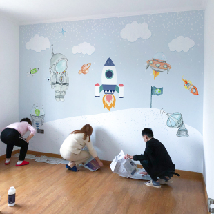简约卡通太空儿童房壁纸宇航员墙布男孩卧室床头壁布宝宝定制壁画