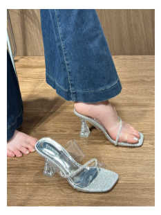 外穿 性感水晶高跟凉拖鞋 女2024年夏季 银色一字带透明水钻凉鞋 新款