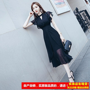 连衣裙2024新夏黑色性感气质女神范仙女收腰显瘦雪纺中长款 裙 原版