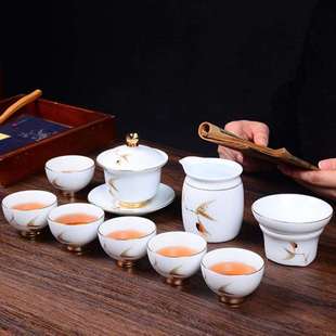 轻奢盖碗茶具套装 家用简约办公现代金边功夫会客茶杯整套白瓷茶壶