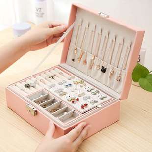 韩国木质饰品盒耳环耳钉简约双层收纳 带锁珠宝盒首饰盒公主欧式