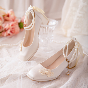 中国风汉元 素珍珠法式 女 气质旗袍鞋 子一字扣单鞋 方头粗跟玛丽珍鞋