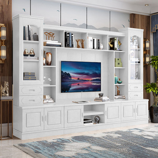 中式 实木电视柜组合墙柜客厅多功能背景柜茶几地柜橡木影视柜书柜