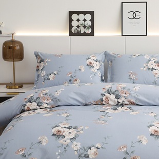 斜纹单人1.8x2米床纯棉蓝色印花欧式 床单被罩 全棉四件套喷气新款