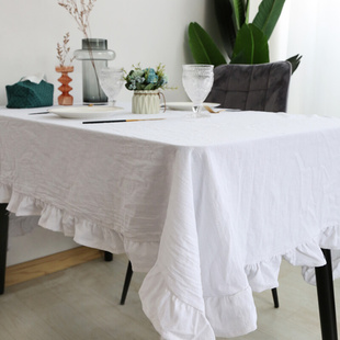 北欧ins荷叶木耳边白色桌布 网红褶皱棉拍摄背景客厅茶几餐桌台布