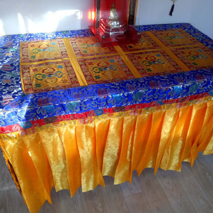 藏汉传藏式 布料八吉祥藏布金刚十字杵三面围桌布定制桌围