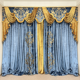 客厅卧室蓝色割绒烫金窗帘美式 绣花窗纱 定制高端别墅高窗奢华欧式