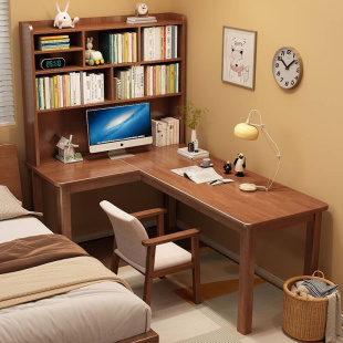 实木转角书桌书架一体桌家用卧室拐角学习桌7字L型书柜组合电脑桌