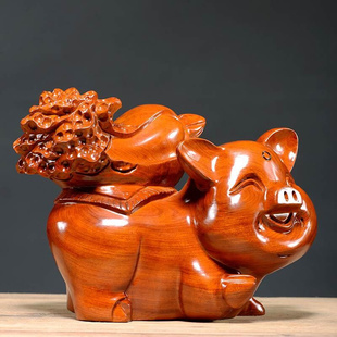 黄花梨木雕猪摆件根雕十二生肖猪实木雕刻家居装 饰品红木工艺礼品