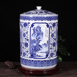 复古陶瓷米缸水缸油缸家用带盖10 20斤密封储物罐 景德镇青花中式
