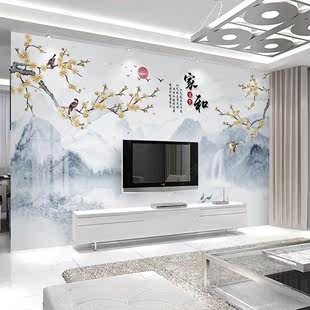 新中式 电视背景墙山水画瓷砖岩板大理石客厅轻奢现代墙影视微晶石