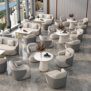 新款 酒店大堂商用会客接待皮沙发设计师商务会客前台洽谈沙发桌椅