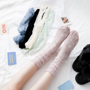 袜子女中筒袜透明蕾丝春夏堆堆袜薄款 网纱玻璃丝袜日系ins潮长袜