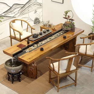 新中式 流水实木茶台循环养鱼茶桌创意仿古茶台禅意功夫茶桌椅组合