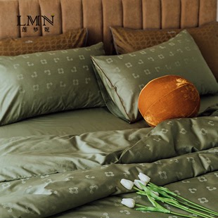 四件套全棉北欧现代40支长绒棉纯棉纯色复古绿色提花床上用品套件