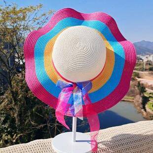 草帽女夏天防晒帽沙滩帽子海边休闲度假时尚 遮阳帽折叠大沿彩虹帽