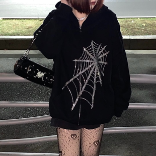 oversized rhinestone web punk zipper hoodie goth wome Spider