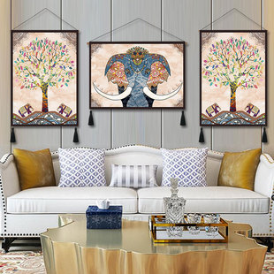 欧式 大象装 饰画东南亚风格 客厅卧室餐厅挂毯招财动物墙画挂布玄关