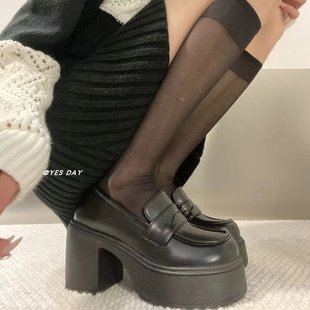 女潮 矮子乐jk制服增高乐福鞋 女2024春季 粗跟厚底黑色高跟皮鞋 新款