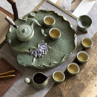 粗陶功夫茶具套装 家用陶瓷茶盘办公室小茶台茶杯茶壶 中式