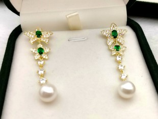 宝珠皇后女神名媛系列轻奢天然珍珠耳环绿锆石款 厂家直营品质保障