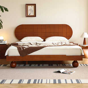 小万家具 北欧实木床中古家具卧室一米八双人床民宿法式 复古床