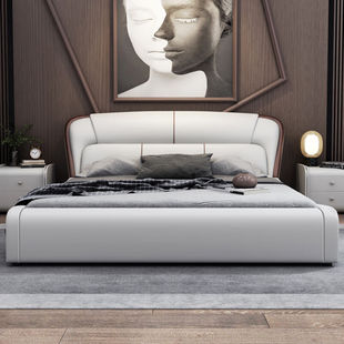 新款 床主卧简约1.8米双人主卧婚床1.5米储物皮实木床带床板15
