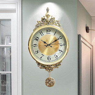 复古挂钟创意客厅雕花摇摆钟表美式 电镀时钟家用现代简约大气 欧式