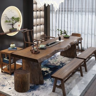 新中式 茶台实木茶桌禅意功夫茶几原木大板桌家用整板泡茶桌椅组合
