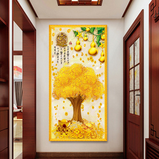 新中式 发财树入门玄关装 饰画自粘过道走廊黄金满地背景墙贴画竖版