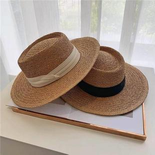 夏季 休闲帽子女平顶草帽遮阳帽拉菲草帽沙滩度假防晒太阳帽