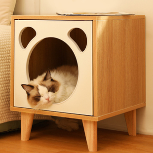 猫窝四季 通用床头柜一体人猫共用猫咪家具实木猫屋冬季 封闭式 猫床