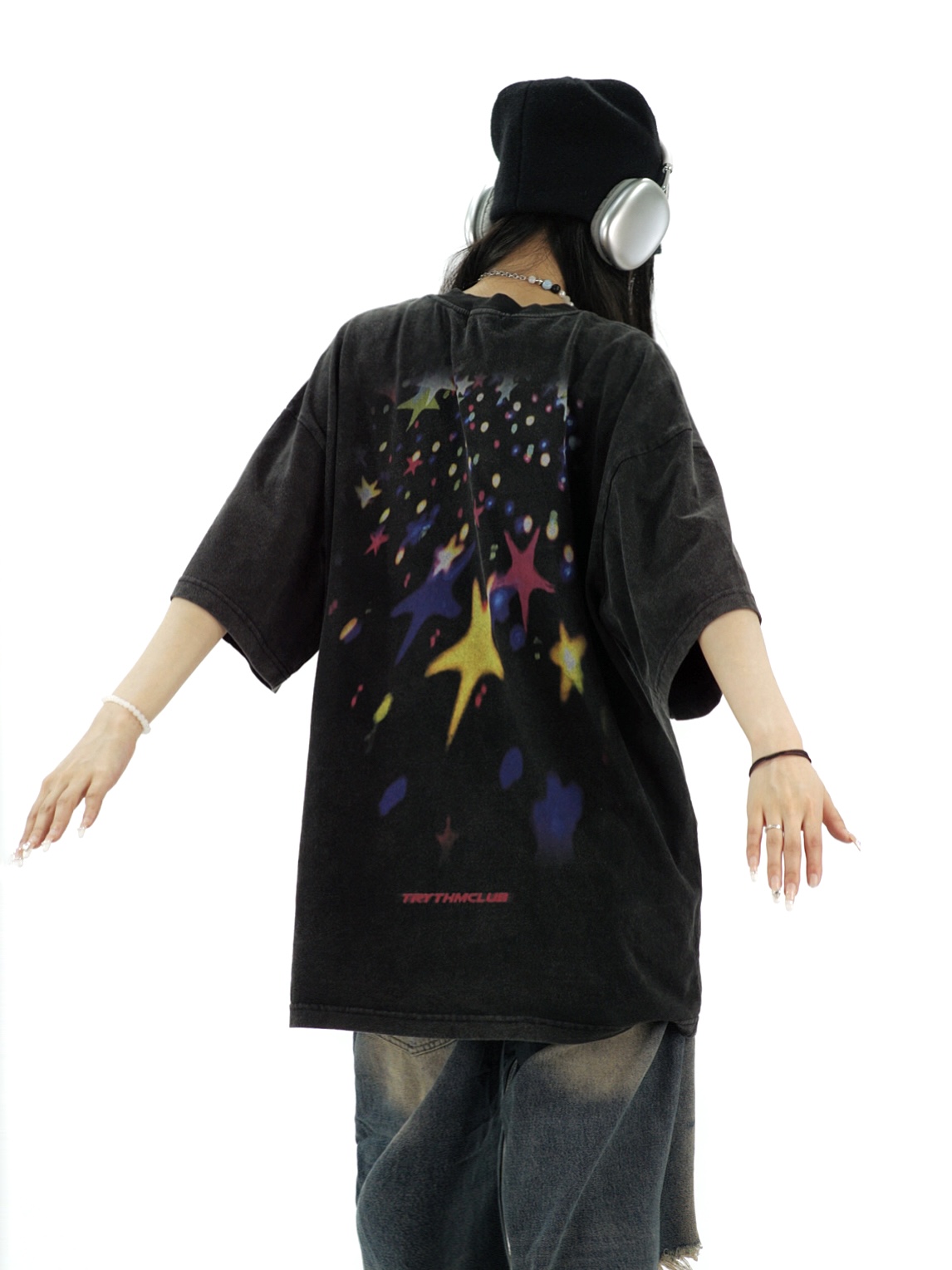 Amoeba原创国潮水洗做旧星空涂鸦短袖 男女宽松高街T恤美式 半袖