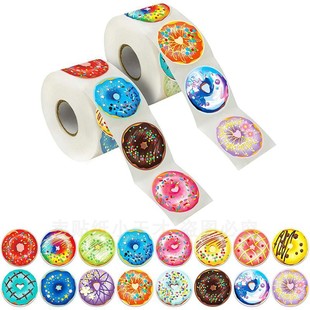 500张 卷彩色甜甜圈不干胶贴纸甜品烘焙蛋糕包装 袋封口贴装 饰标签