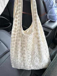 法式 春夏设计款 蕾丝网纱帆布包休闲时尚 简约花朵蕾丝质感手提包袋