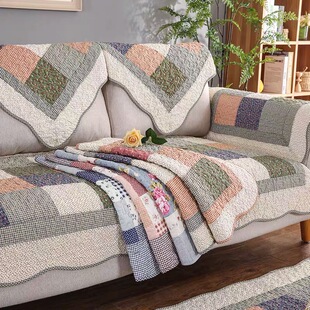 全棉田园拼块布艺沙发垫绗缝工艺防滑加厚四季 通用沙发巾 黑凤梨