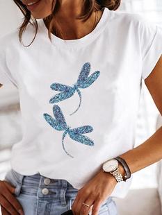 shirt创意蒲公英蜻蜓印花女休闲T恤 Dragonfly Dandelion Print