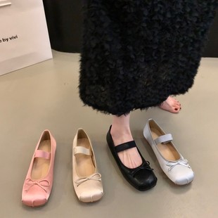 女 防滑缎面银色玛丽珍鞋 仙女风2023年秋季 平底粉色芭蕾舞单鞋 新款