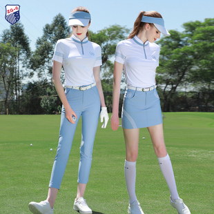 高尔夫女装 套装 ZG6夏季 女白色立领上衣显瘦浅蓝九分裤 子女 球服装