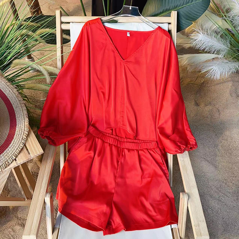 新款 宽松遮肉V领红色上衣 2024年春夏季 套装 休闲两件套 松紧腰短裤
