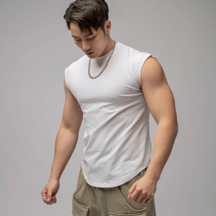 新款 纯棉健身背心男士 弹力训练休闲坎肩t恤 运动无袖 透气修身 夏季