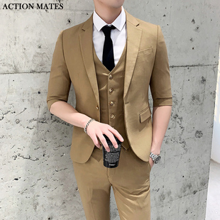 夏季 韩版 男士 修身 套装 西装 中袖 结婚礼服 发型师西服薄款 休闲七分袖