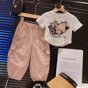 女童韩系套装 夏季 儿童时髦洋气T恤酷飒工装 裤 2024夏装 两件套 薄款