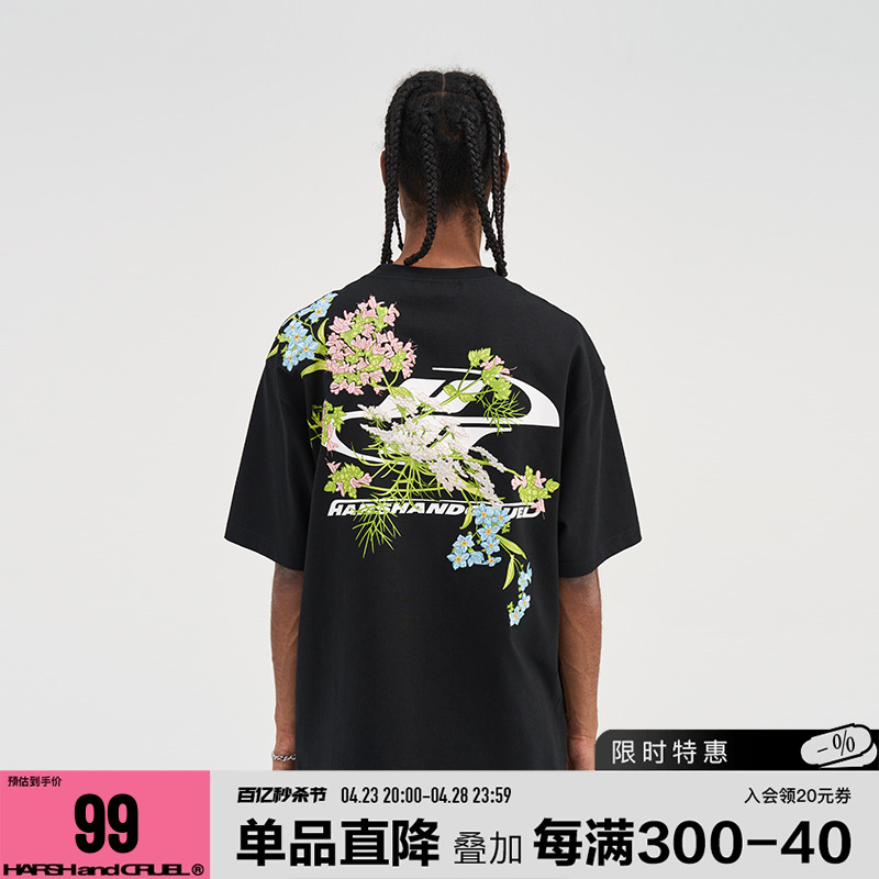 短袖 T恤情侣 harshandcruel街头花卉中国风刺绣cleanfit印花新中式