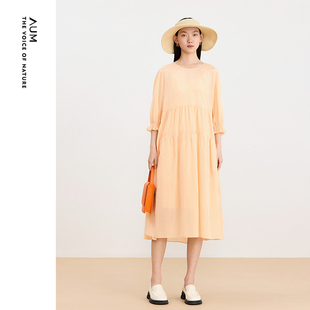 商场同款 AUM噢姆24夏季 橘粉色丝棉廓形圆领七分袖 娃娃裙 新款