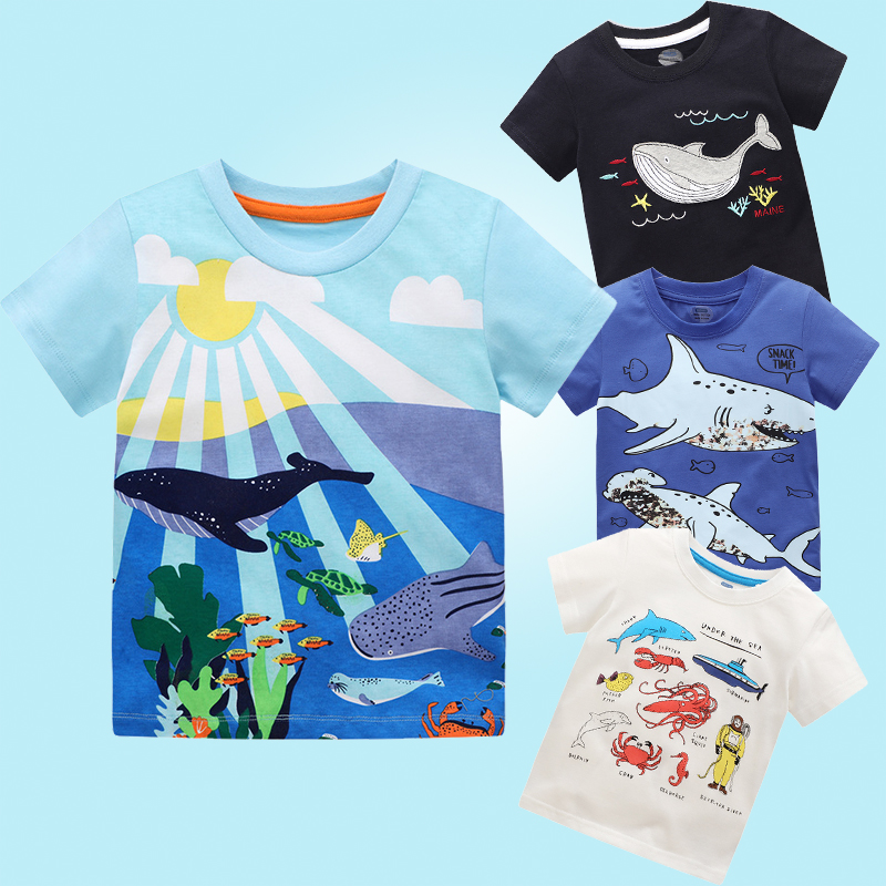 男童纯棉短袖 T恤 鲨鱼衣服儿童海洋生物主题蓝色鲸鱼章鱼上衣夏季